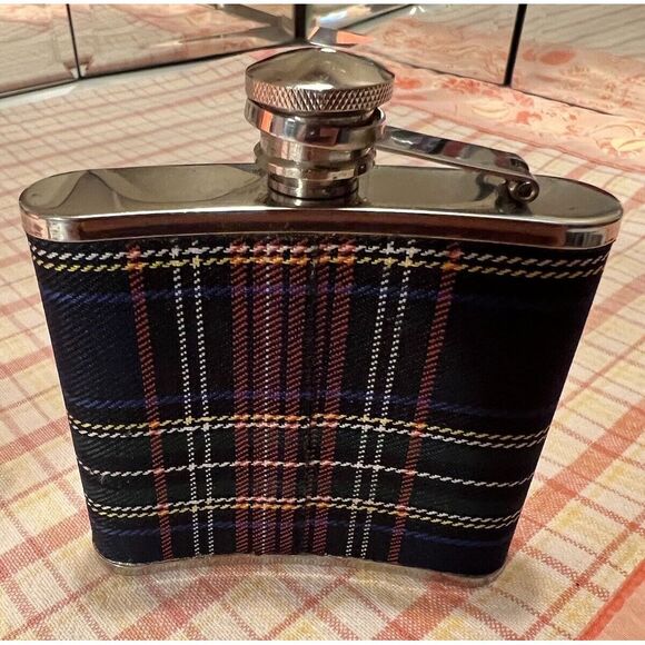 Stainless Steel Plaid Flask Blue Red Yellow Green Classic Tartan Preppy Small - Picture 3 of 7